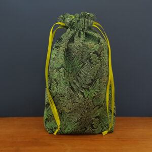 Eco-Friendly Reusable Gift Bag - Handmade Green Fern Leaf Drawstring Pouch with Lime Lining
