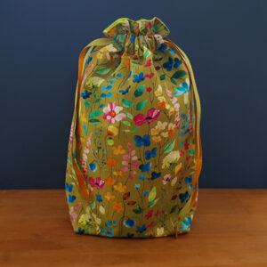Eco-Friendly Reusable Gift Bag - Handmade Green Wildflower Meadows Drawstring Pouch Medium