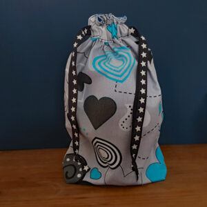 Eco-Friendly Reusable Gift Bag - Handmade Grey Black and Blue Hearts Drawstring Pouch with Star Ribbon
