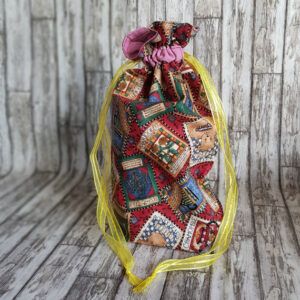 Eco-Friendly Reusable Gift Bag - Handmade Honey Bears and Herb Garden Drawstring Pouch with Yellow Organza Ties