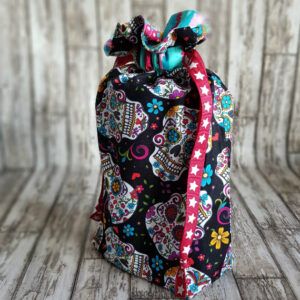 Eco-Friendly Reusable Gift Bag - Handmade Sugar Skull and Floral Day of the Dead Drawstring Pouch