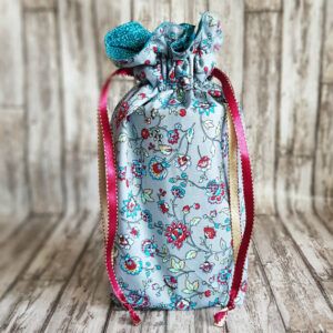 Eco-Friendly Reusable Gift Bag - Handmade Swirly Floral Print Drawstring Pouch in Aqua Blue