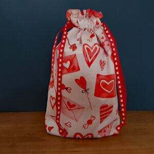 Eco-Friendly Reusable Gift Bag - Red Hearts on White - Small Fabric Drawstring Bag for Birthdays Valentines and Special Gifts Medium Size