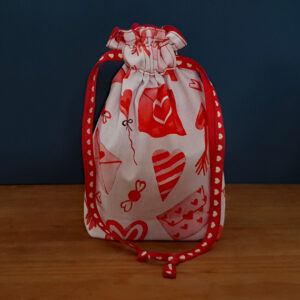 Eco-Friendly Reusable Gift Bag - Red Hearts on White - Small Fabric Drawstring Bag for Birthdays Valentines and Special Gifts Small Size