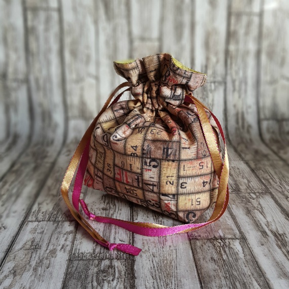 Eco-Friendly Reusable Gift Bag - Vintage Ruler and Numbers Fabric Drawstring Bag - Sustainable Gift Wrap or Storage Pouch