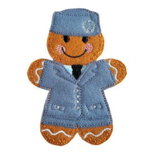 Female RAF Gingerbread Character handmade from soft felt, wearing RAF skirt suit with tie and peaked cap, detailed with premium embroidery and stitching.