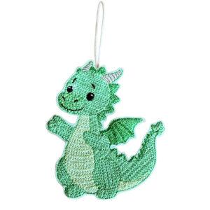Knit stitch dragon hanging decoration made from felt, featuring a textured green dragon with small wings, a friendly expression, and a white hanging loop
