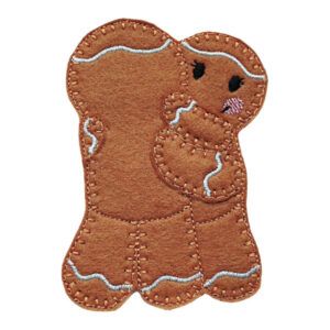 Gingerbread Hug decoration showing two felt gingerbread figures stitched together in a hug.