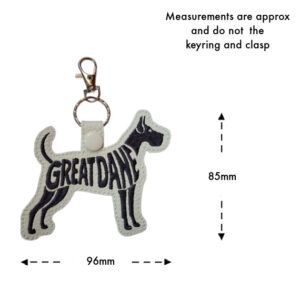 Embroidered Great Dane word art keyring on white faux leather with black embroidery, measuring approximately 96mm wide and 85mm high, excluding the keyring and lobster clasp.