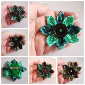 Green Fabric Flower Pin Brooch - Handmade Floral Accessory with Button Detail