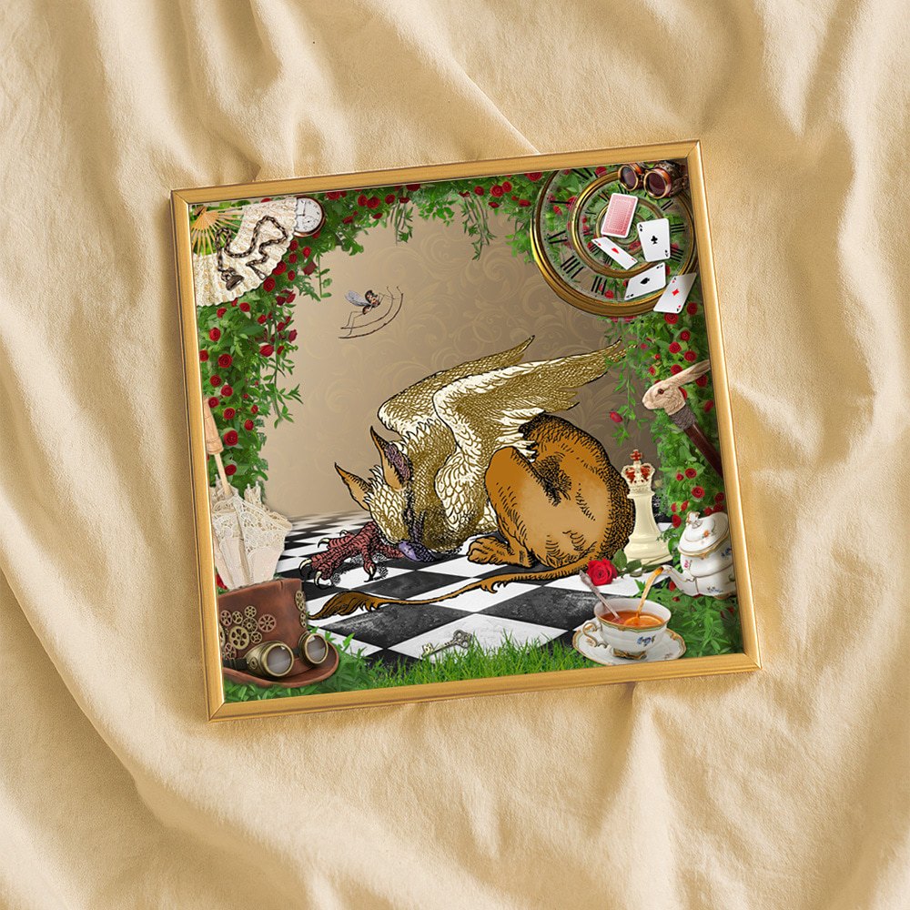 Gryphon card framed and on cream fabric