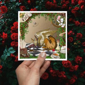‘Alice’ Sleeping Gryphon and Rocking-Horse-Fly Card or Print