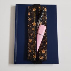 Handmade A5 Planner Zipper Pouch - Elastic Notebook Pen Holder in Black and Gold Stars