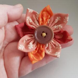 Handmade Fabric Flower Brooch in Warm Orange And Red - Unique One-of-a-Kind Button Pin