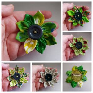Handmade Green Fabric Flower Brooch - Unique Button Pin for Jackets Bags And Scarves