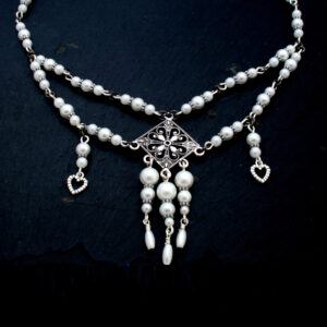 Handmade Pearl Chandelier Necklace and Earring Set Wirework Bridal Jewellery with Heart Charms