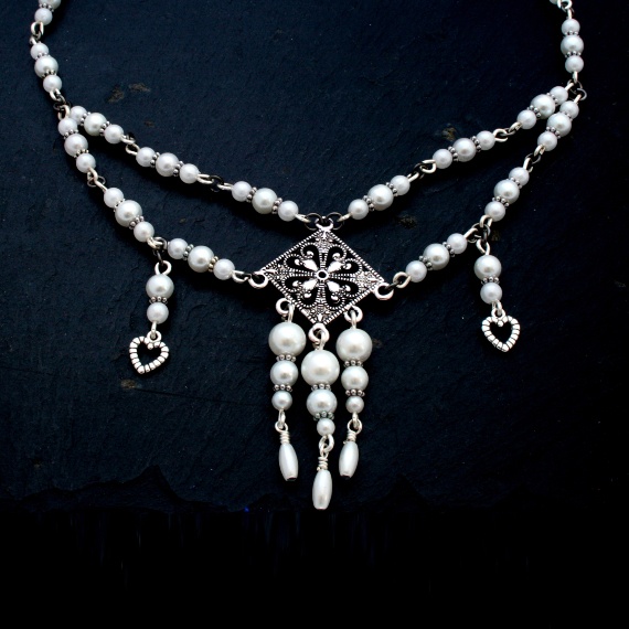 Handmade Pearl Chandelier Necklace and Earring Set Wirework Bridal Jewellery with Heart Charms