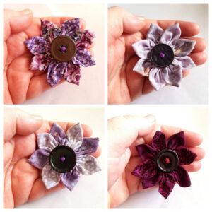 Handmade Purple Fabric Flower Brooches - Floral Button Pins for Bags Scarves Coats And More