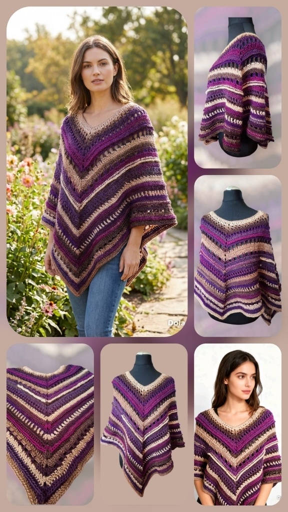Handmade Chevron Crochet Poncho in Plum, Purple, Beige, and Earthy Tones - Image 3