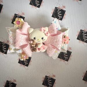 Pink and White Glitter Kitten Themed Anime Clay Bow – Cute Hair Accessory for Girls