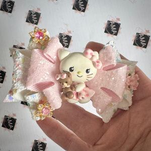Pink and White Glitter Kitten Themed Anime Clay Bow – Cute Hair Accessory for Girls