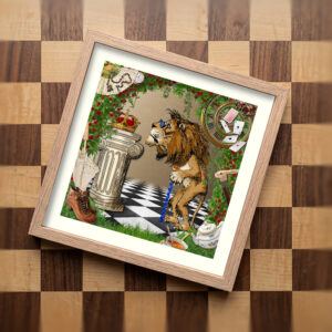 Lion print on wooden chessboard
