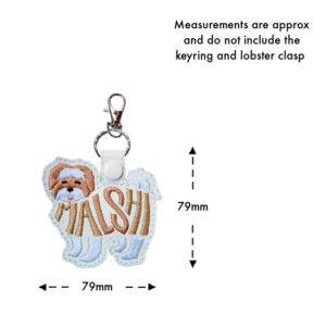 Embroidered Malshi word art keyring made from faux leather, shown with measurement guide. The Malshi dog silhouette features the word “Malshi” stitched into the body, with approximate dimensions of 79mm wide and 79mm high, not including the keyring and lobster clasp.