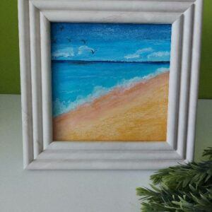 marble effect square frame beach scene in oil pastels original art