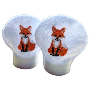 Set of two felt tealight covers with embroidered woodland fox designs, shaped to fit over LED tealights and create a soft decorative glow