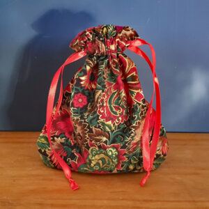 Mini Christmas Gift Bag - Metallic Festive Floral Poinsettia Print - Reusable & Eco Friendly