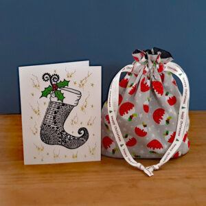 Mini Eco-Friendly Reusable Christmas Gift Bag - Christmas Pudding Print - Fully Lined Fabric Drawstring Bag