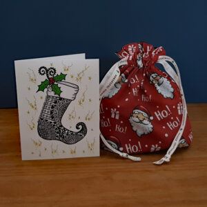 Mini Eco-Friendly Reusable Christmas Gift Bag - Santa Print - Fully Lined Fabric Drawstring Bag