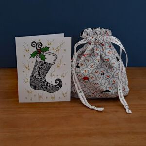 Mini Eco-Friendly Reusable Christmas Gift Bag - Snowman Faces Print - Fully Lined Fabric Drawstring Bag