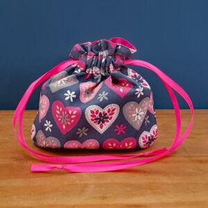 Mini Eco-Friendly Reusable Gift Bag - Handmade Grey and Pink Pretty Hearts Drawstring Pouch