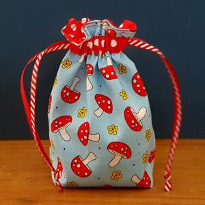 Mini Eco-Friendly Reusable Gift Bag - Handmade Red Toadstool Mushroom Print Drawstring Pouch