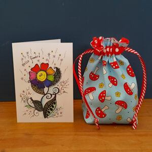 Mini Eco-Friendly Reusable Gift Bag – Handmade Red Toadstool Mushroom Print Drawstring Pouch