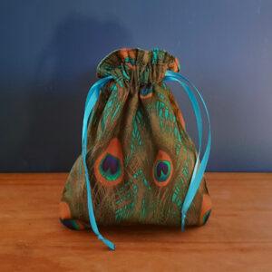Mini Peacock Feather Reusable Gift Bag Eco Friendly Handmade Fabric Pouch