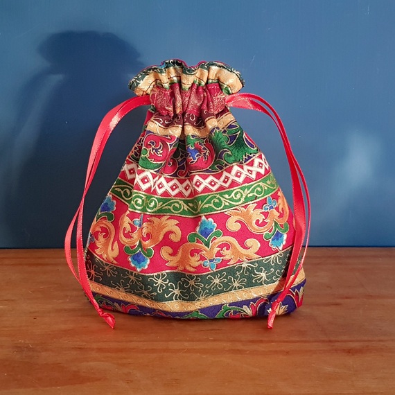 Mini Reusable Christmas Gift Bag - Metallic Tapestry Stripe Print - Eco Friendly Fabric Wrap