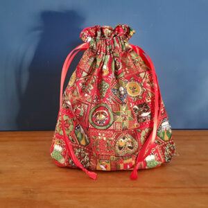 Mini Reusable Christmas Gift Bag - Metallic Traditional Print - Eco Friendly Fabric Wrap