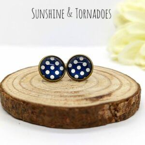 Navy Polka Dot Stud Earrings, Blue Dot Earrings, Retro Stud Earrings, Handmade Round Studs 12mm, Minimalist Everyday Jewellery, Unisex Gift