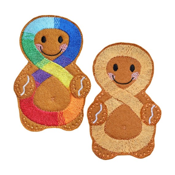 Pair of handmade felt Neurodiversity Awareness Gingerbread Characters with smiling faces, one featuring a colourful rainbow infinity symbol and the other a gold infinity symbol, symbolising neurodiversity and autism awareness.