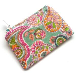 Paisley Flower Zipper Pouch - Handmade Coin Purse Card Holder And Small Essentials Organiser