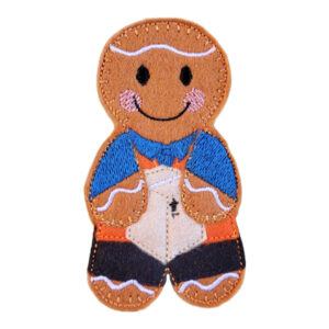 A felt gingerbread character dressed in a parcel delivery uniform, with embroidered details and a smiling face.