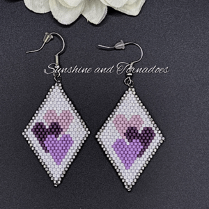 Miyuki Delica Beaded Heart Earrings, Purple Heart Dangle Earrings, Handwoven Seed Bead Earrings, Geometric Beadwork Jewellery, Romantic Gift