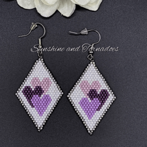 Miyuki Delica Beaded Heart Earrings, Purple Heart Dangle Earrings, Handwoven Seed Bead Earrings, Geometric Beadwork Jewellery, Romantic Gift