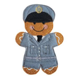 RAF Dress Uniform Gingerbread Character handmade from soft felt, wearing full RAF dress uniform with tailored jacket, trousers, tie, and peaked cap featuring embroidered gold emblem.