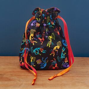 Rainbow Kokopelli Style Dancers - Eco-Friendly Reusable Gift Bag - Bold Festival Print with Orange Ribbon - Fully Lined