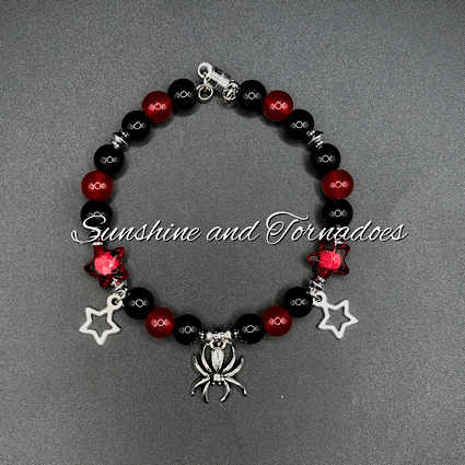 Red Black Spider Bracelet, Gothic Beaded Bracelet, Alternative Charm Bracelet, Spider Star Jewellery, Punk Gothic Gift, Magnetic Clasp Bracelet. - Image 4