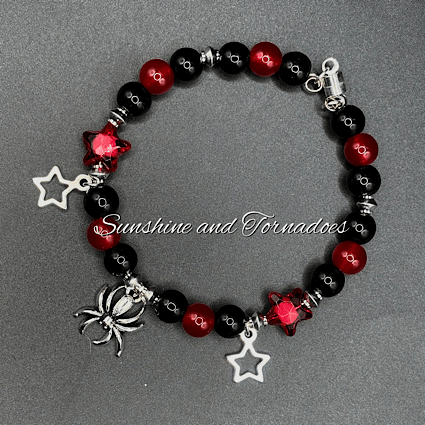 Red Black Spider Bracelet, Gothic Beaded Bracelet, Alternative Charm Bracelet, Spider Star Jewellery, Punk Gothic Gift, Magnetic Clasp Bracelet. - Image 5