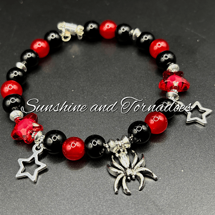 Red Black Spider Bracelet, Gothic Beaded Bracelet, Alternative Charm Bracelet, Spider Star Jewellery, Punk Gothic Gift, Magnetic Clasp Bracelet. - Image 3